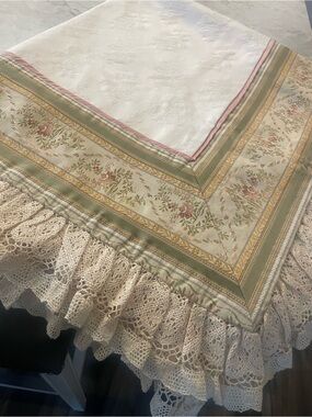 “My Baby” Vintage-Inspired Cream  with Green & Pink Floral Border Throw.  48” sq
